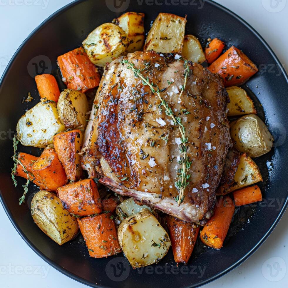 A plate of meat and vegetables photo