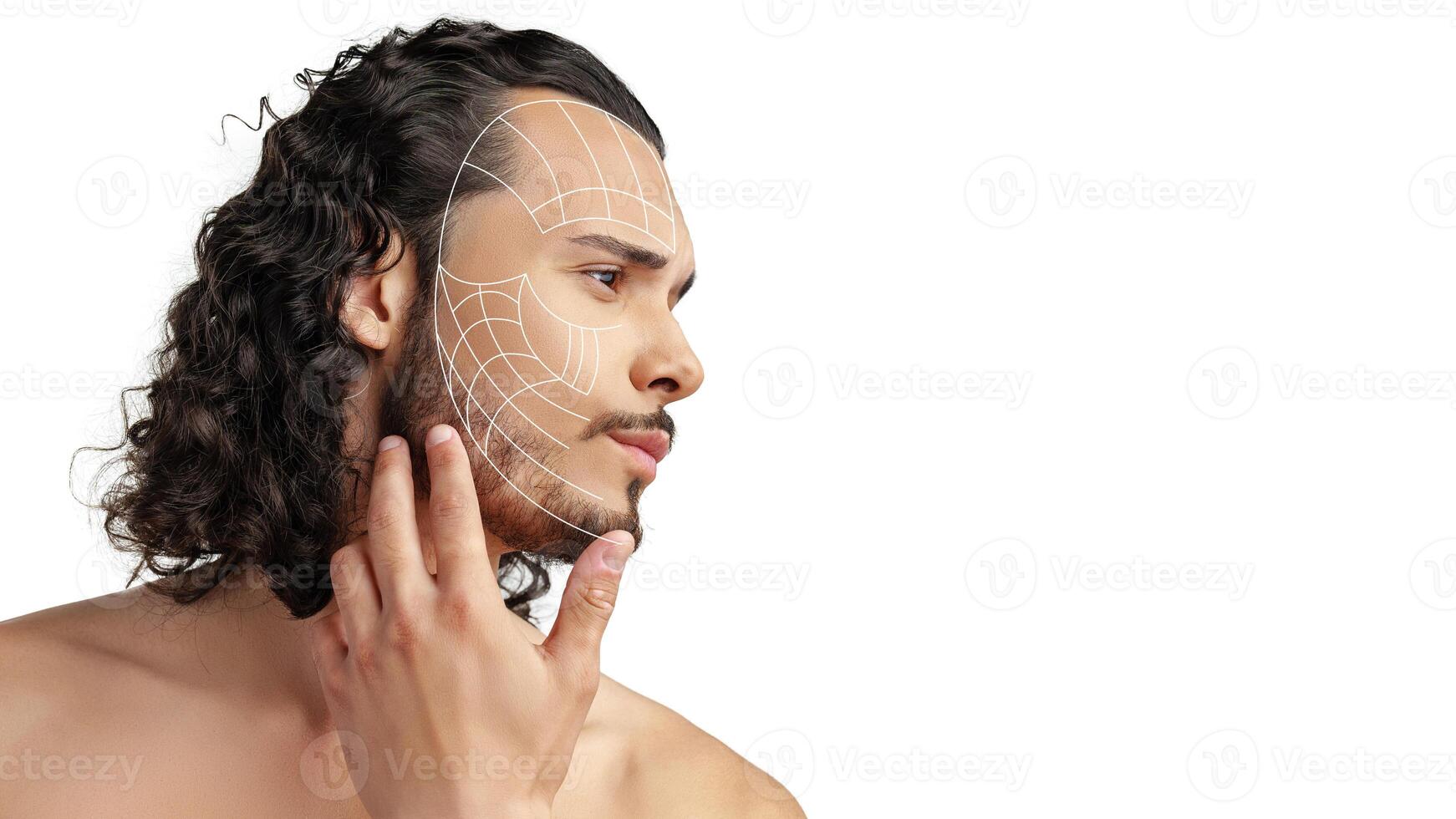 Man examines facial structure under digital overlay in modern art studio during daytime photo