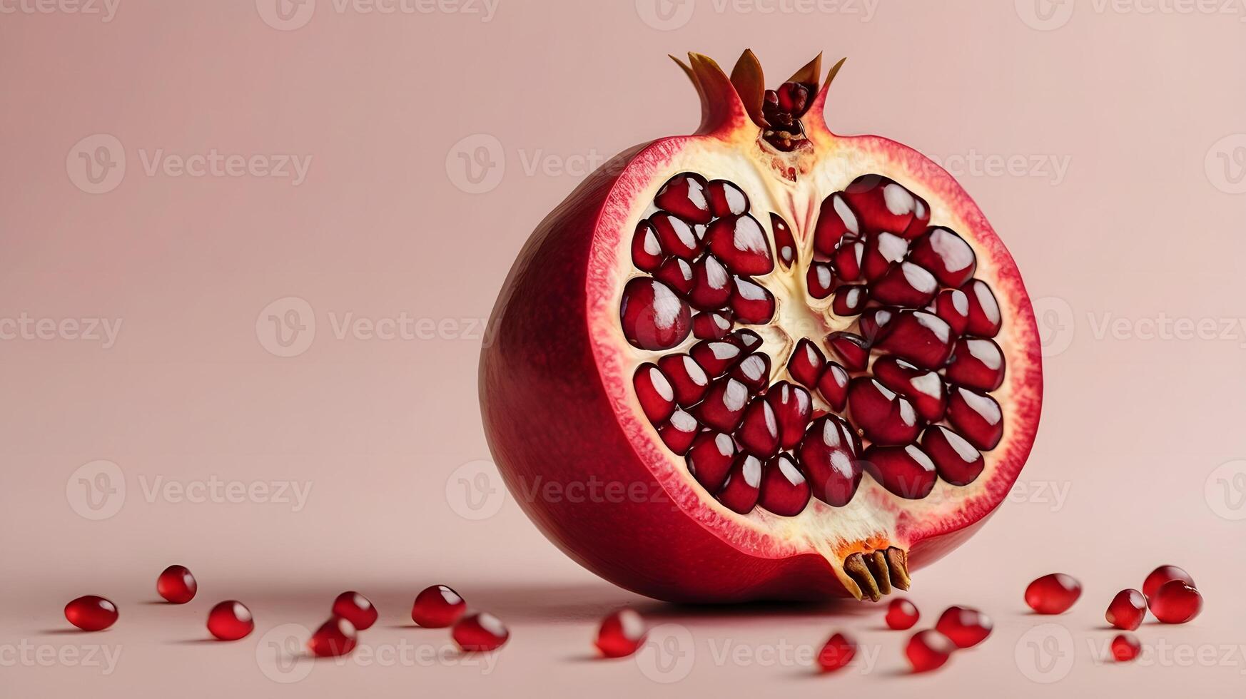 Fresh Red Pomegranate Cut in Half with Seeds on Light Background photo