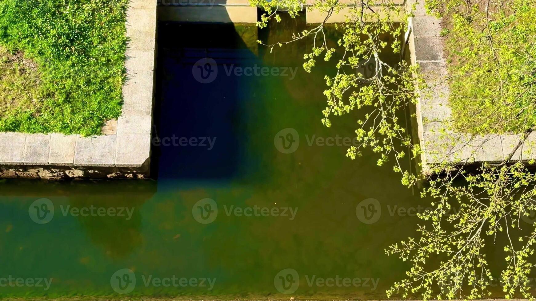 This aerial footage highlights a stone bridge over a serene river, surrounded by lush greenery. Sunlight creates a rainbow effect on the water photo