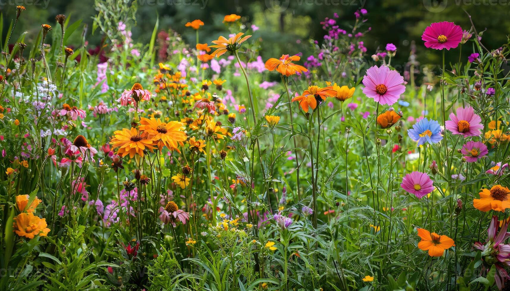 A beautiful vibrant field showcases colorful wildflowers of different sizes photo