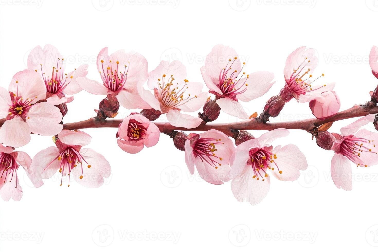 Pink delicate spring blossoms emerging from a brown tree branch photo