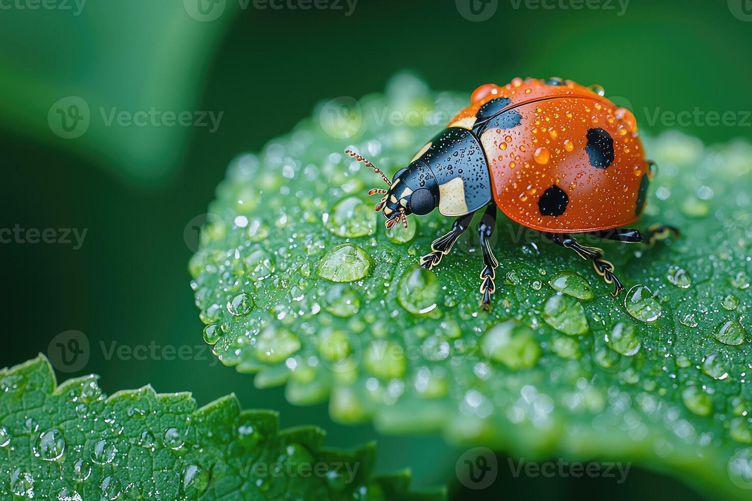 A small red ladybug rests on a water droplet covered green leaf photo