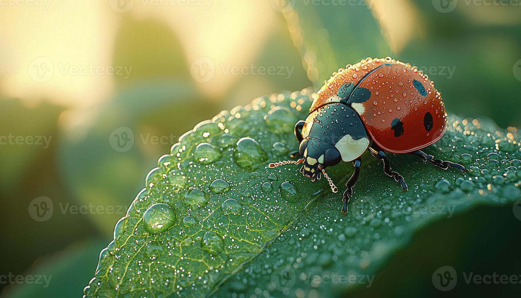 A ladybug sits on a wet green leaf with water droplets everywhere photo