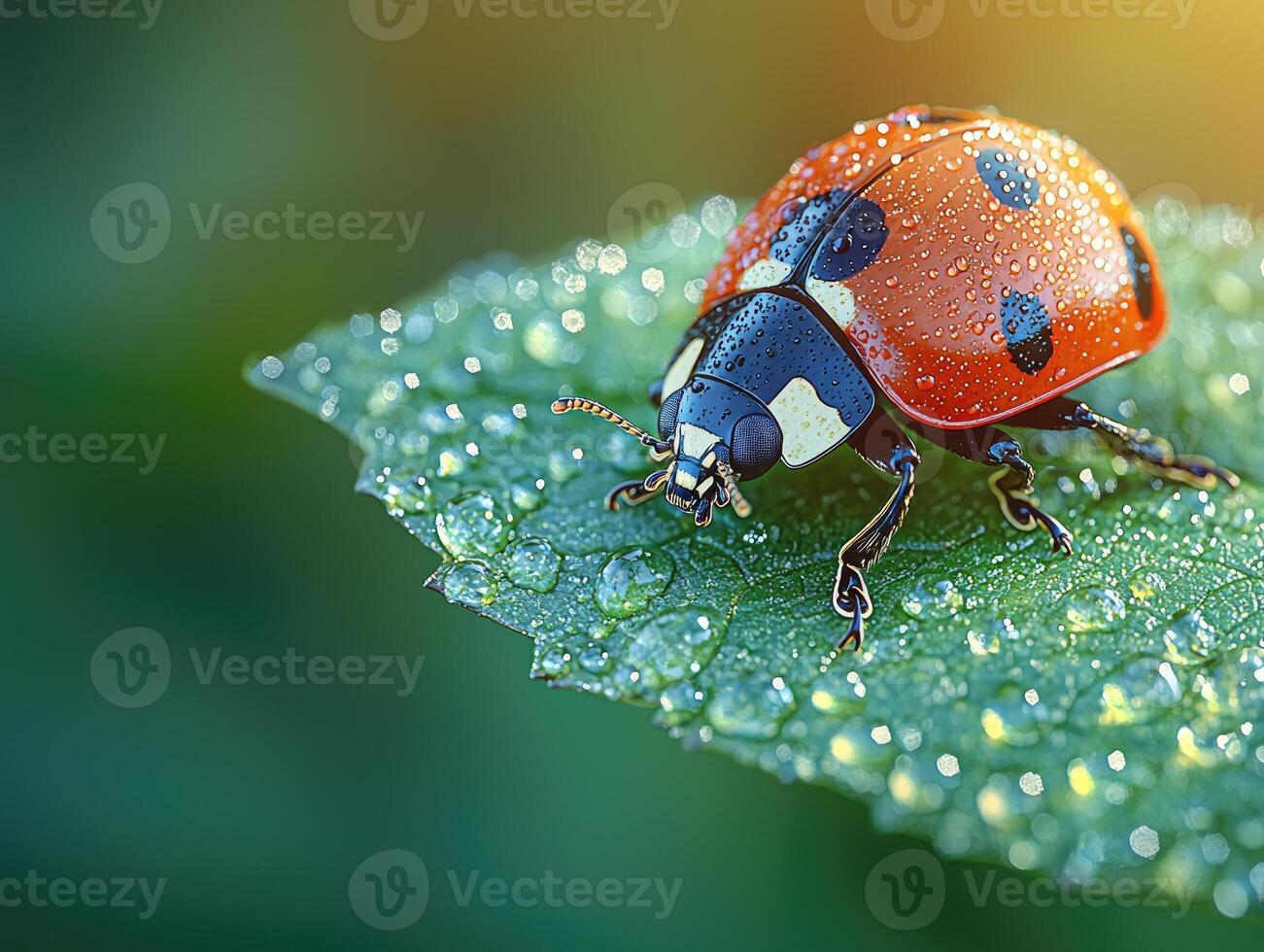 A beautiful ladybug with water droplets resting on a green leaf photo
