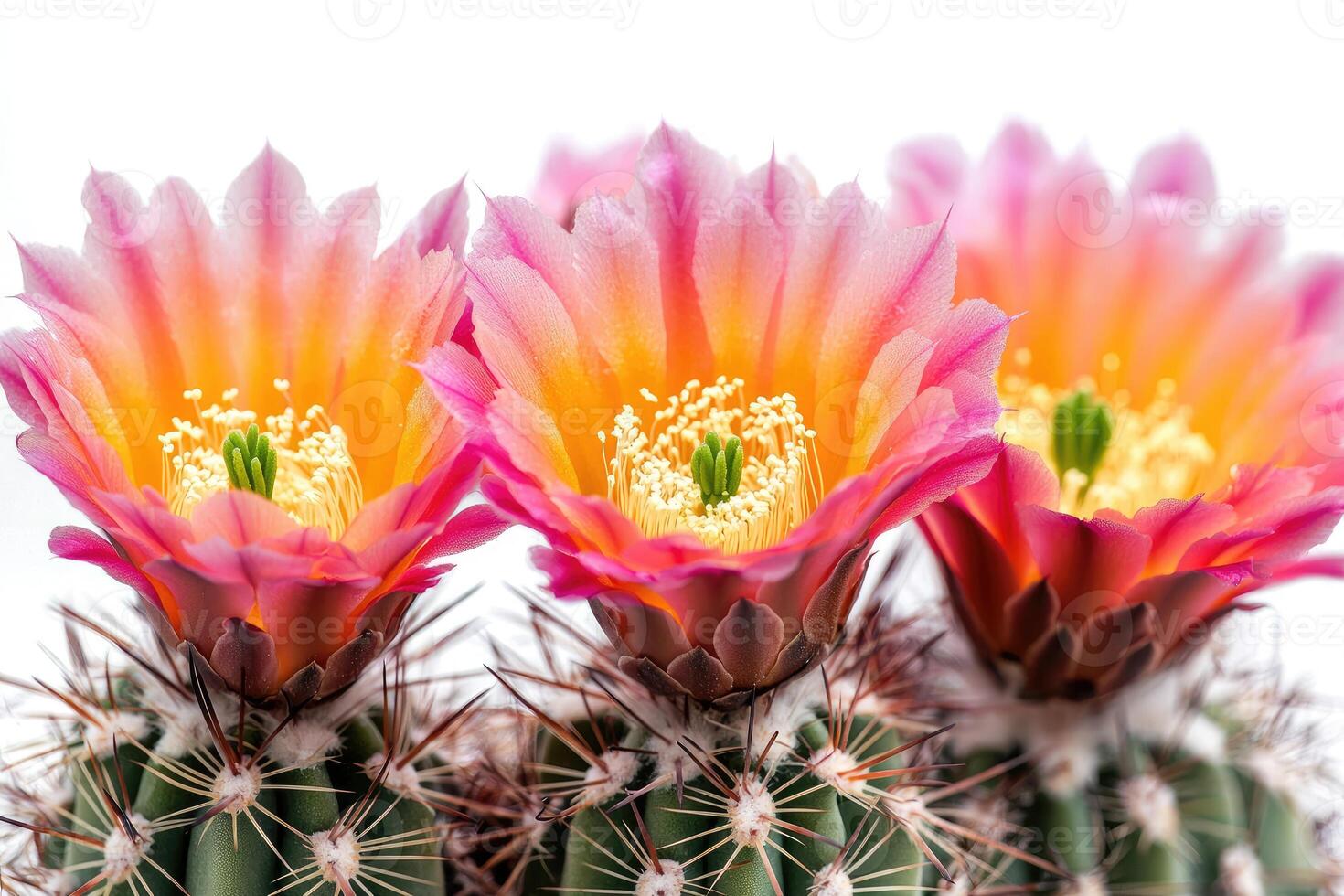 Three beautiful blossoming cactus flowers against a clean white background photo