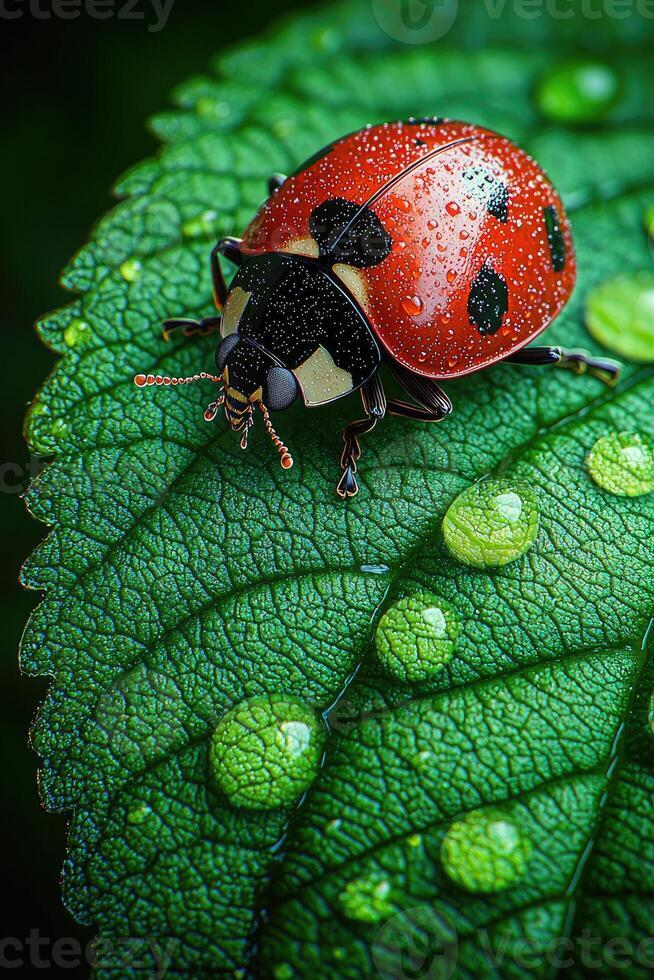 A close up of a ladybug resting on a green leaf photo