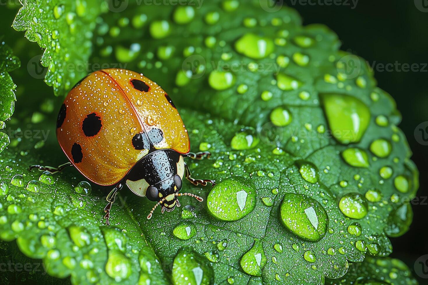 A ladybug rests on a green leaf photo