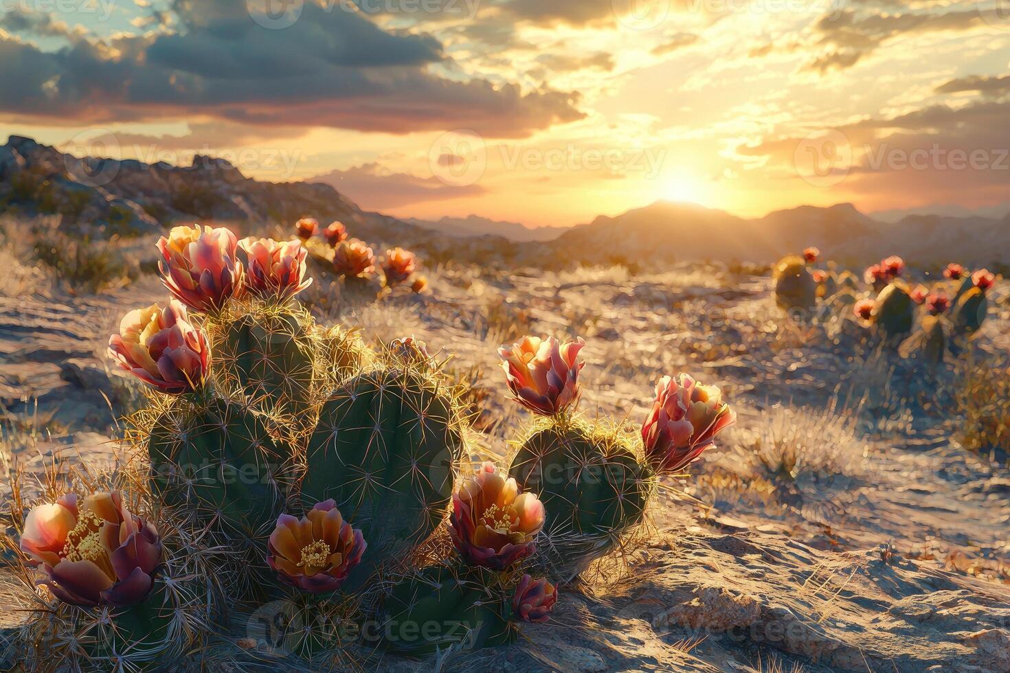 Blooming cacti display colorful flowers and mountains during sunset over landscape photo