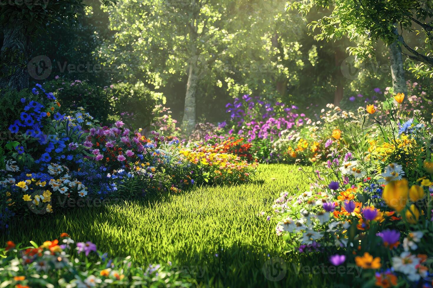A sunny garden scene featuring vibrant colorful flowers and green grass photo