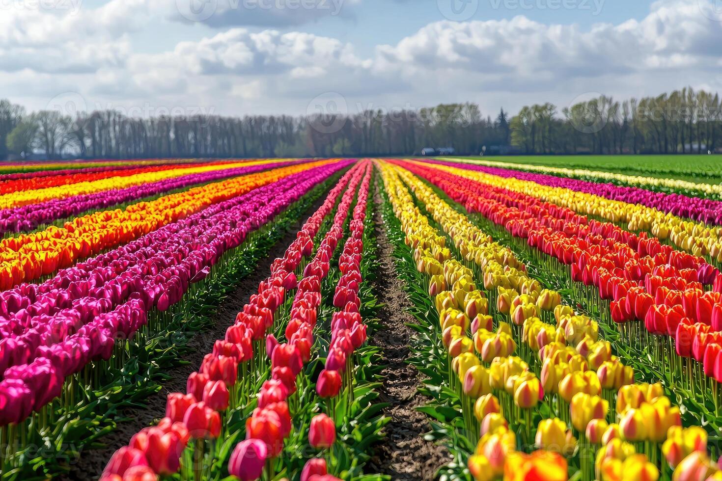 Rows of vibrant colorful tulips flourishing under a cloudy sky photo