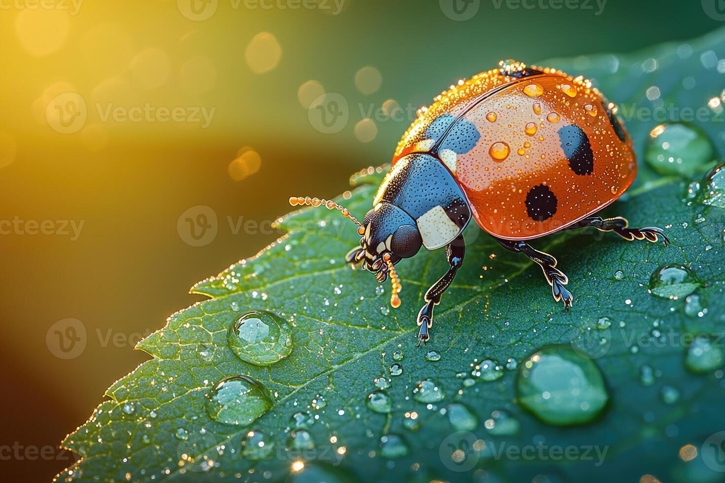 A ladybug resting on a wet green leaf in sunlight photo