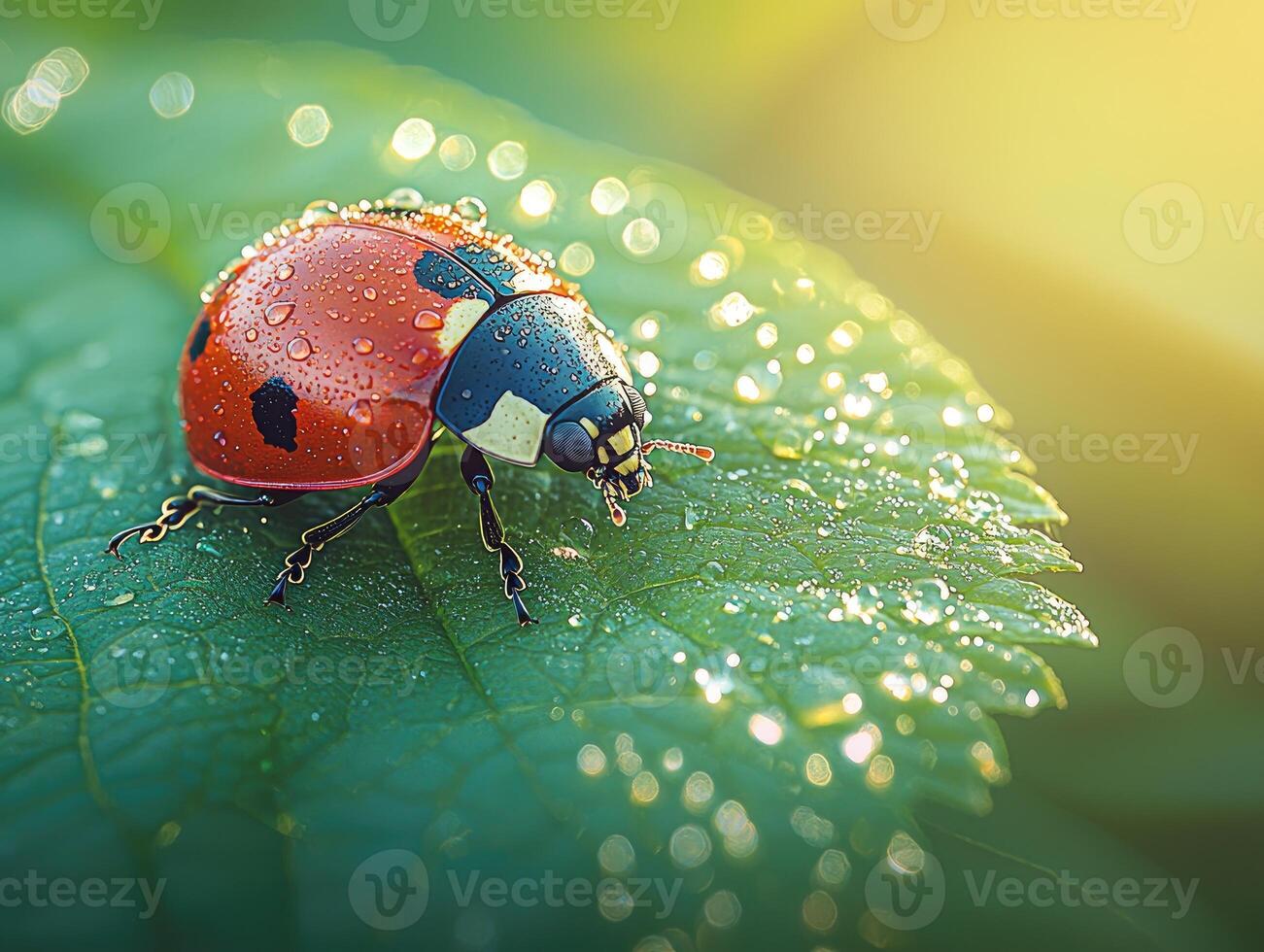 A red ladybug covered with water droplets sits upon a green leaf photo