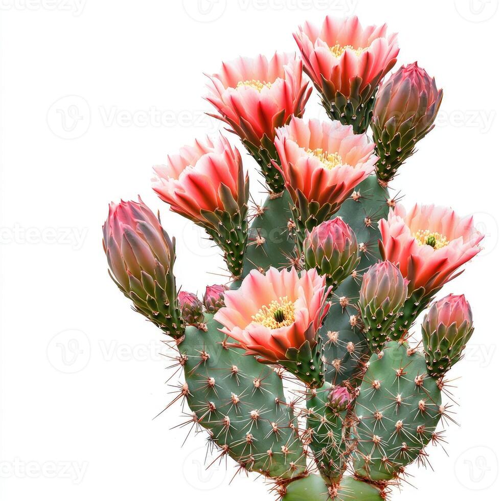 Beautiful blooming cactus displays vibrant pink and yellow flowers in clusters photo