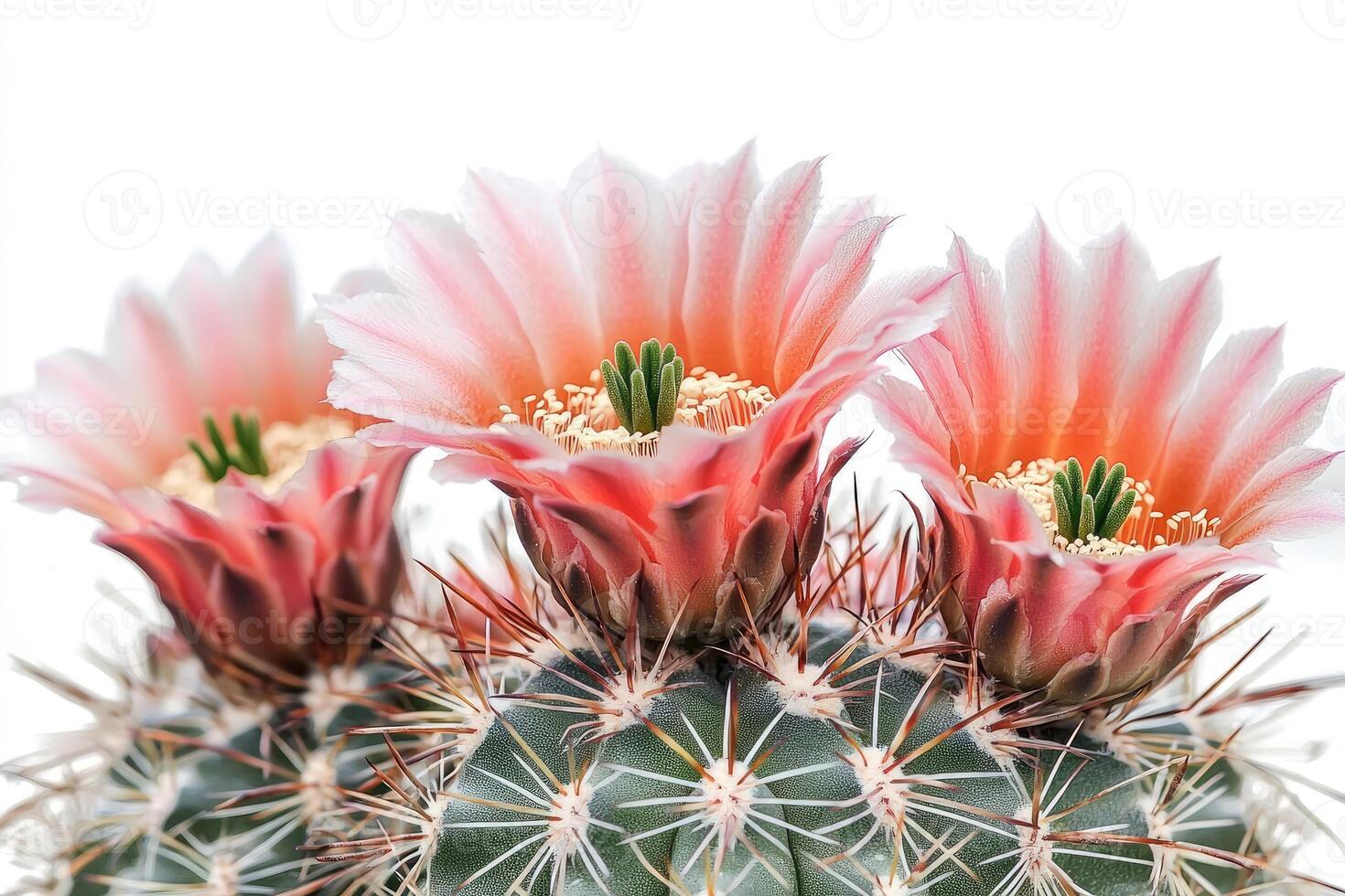 Delicate blooming cactus flowers with pink and red petals appear photo