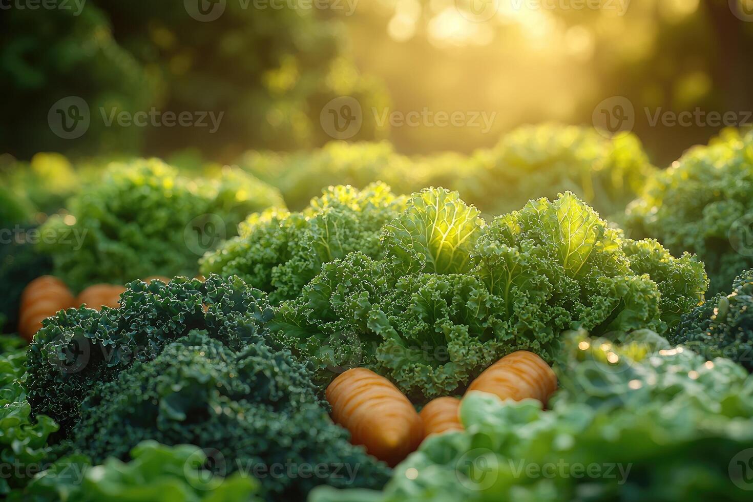 Freshly Grown Carrots and Kale Bathed in Golden Sunlight photo
