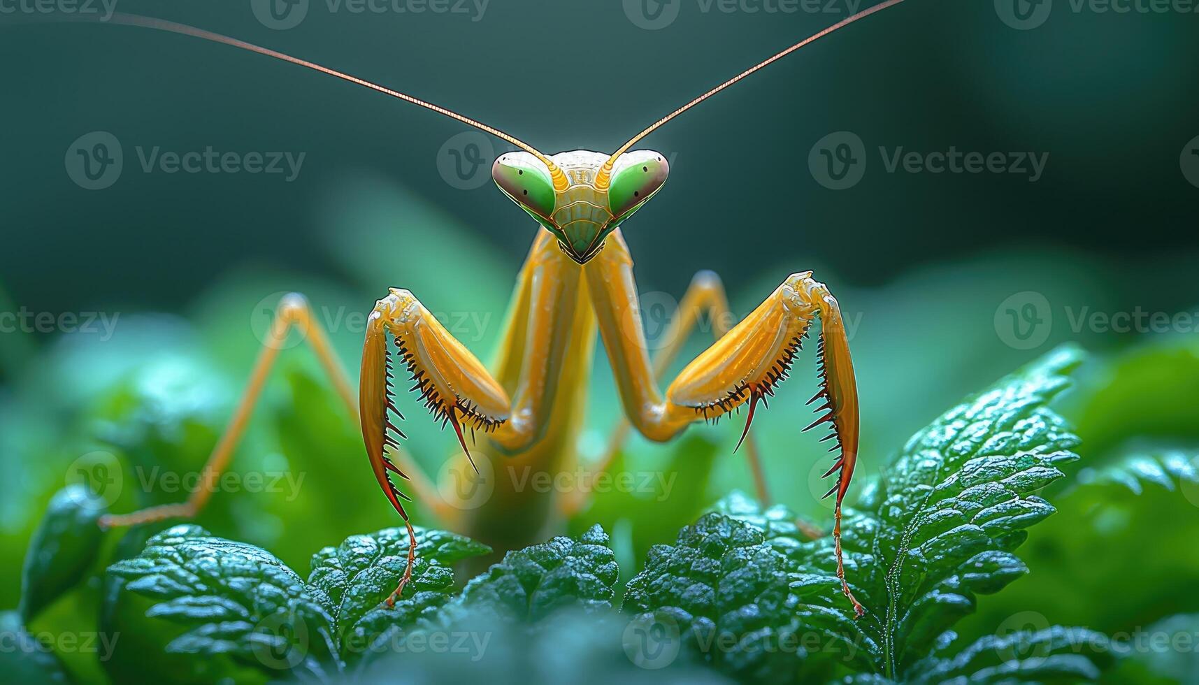 A detailed close up view of a praying mantis in nature photo