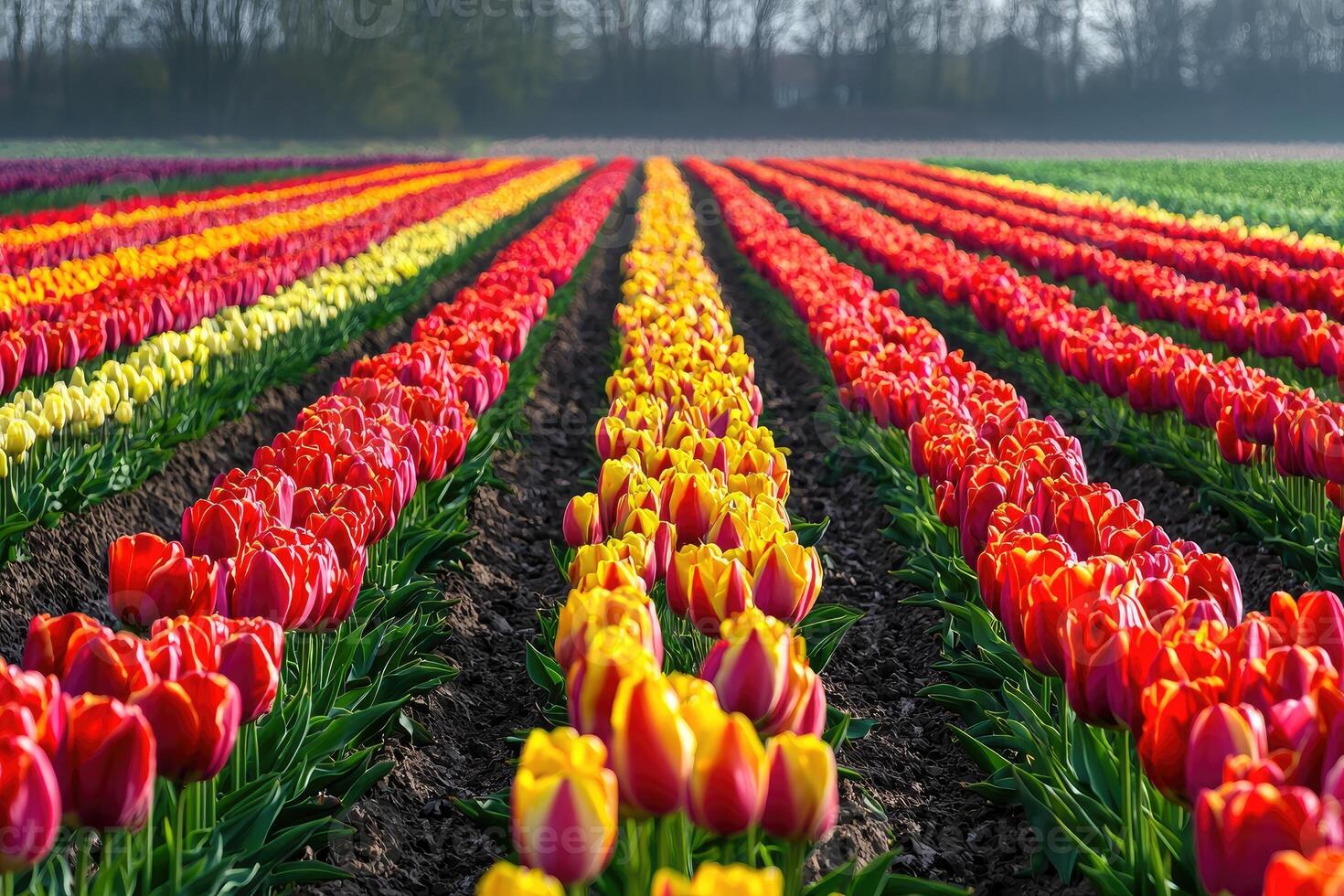 Colorful field of vibrant tulips growing in long cultivated rows photo