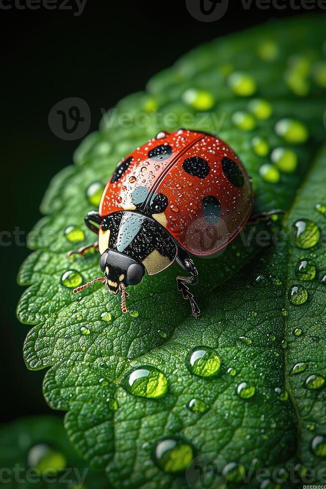 A Wet Ladybug With Black Spots Resting On A Green Leaf photo