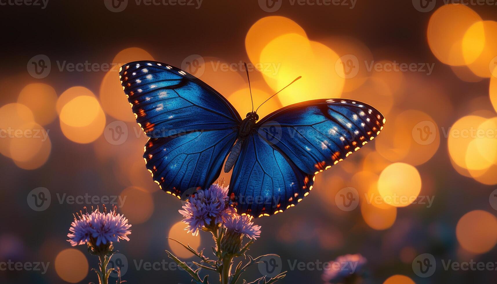 A Stunning Blue Butterfly Lands Gracefully Upon Beautiful Flowers photo