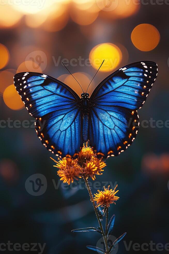 A beautiful blue butterfly gracefully rests atop a flower photo