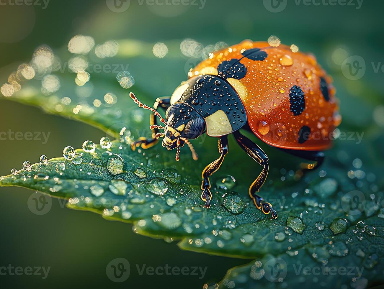 A close up picture of a ladybug on a green leaf photo