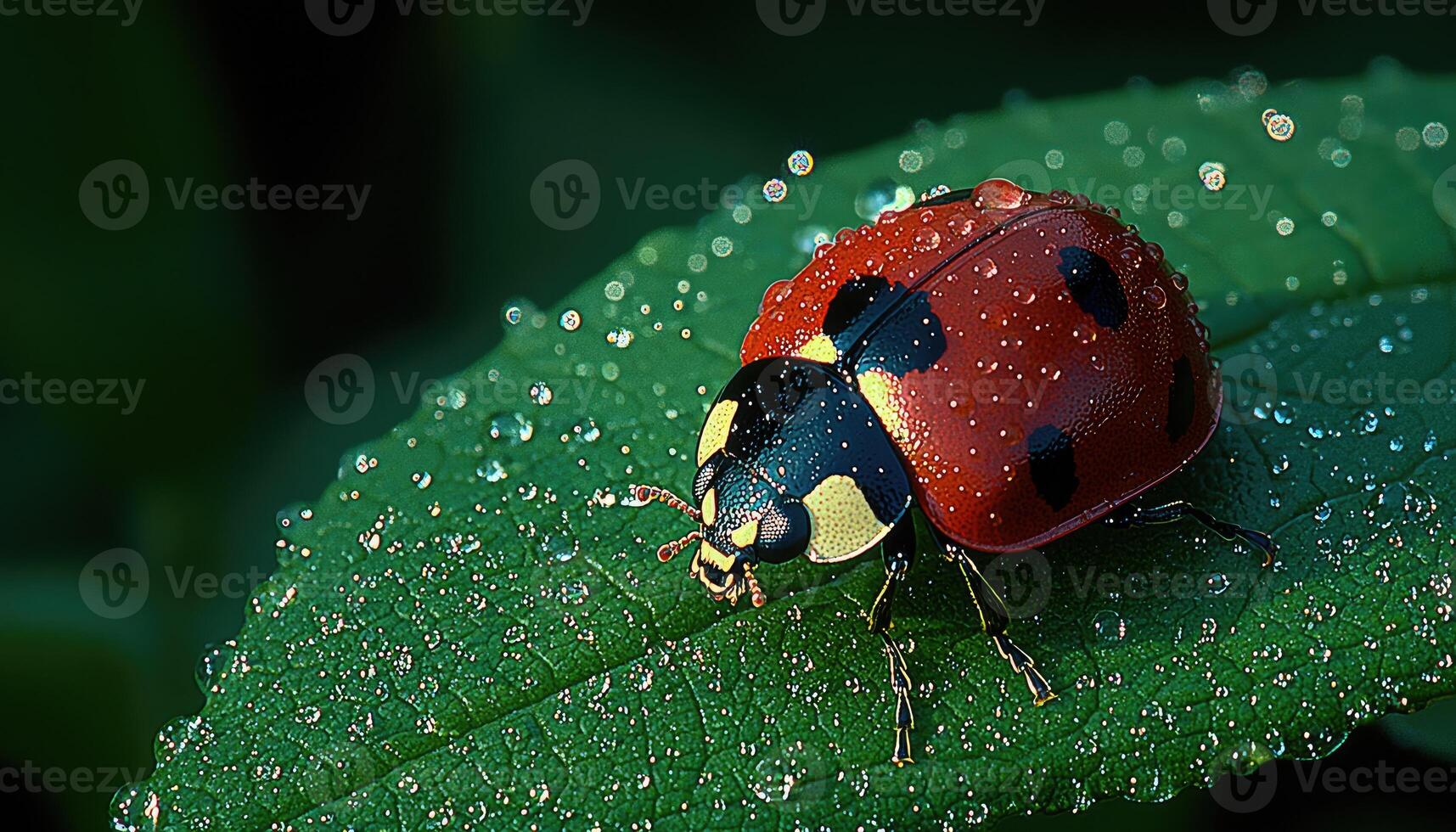 A ladybug rests on a wet green leaf with water droplets photo