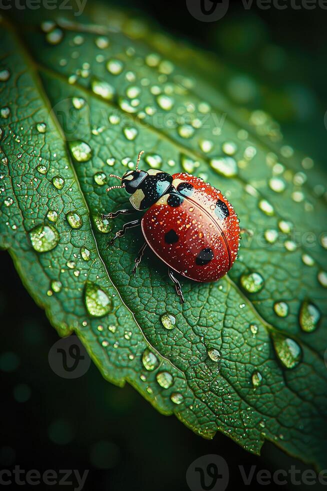 A small red ladybug is perched on a wet green leaf photo