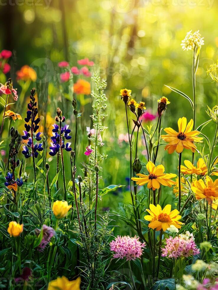 A vibrant field filled with many colorful blooming wildflowers photo