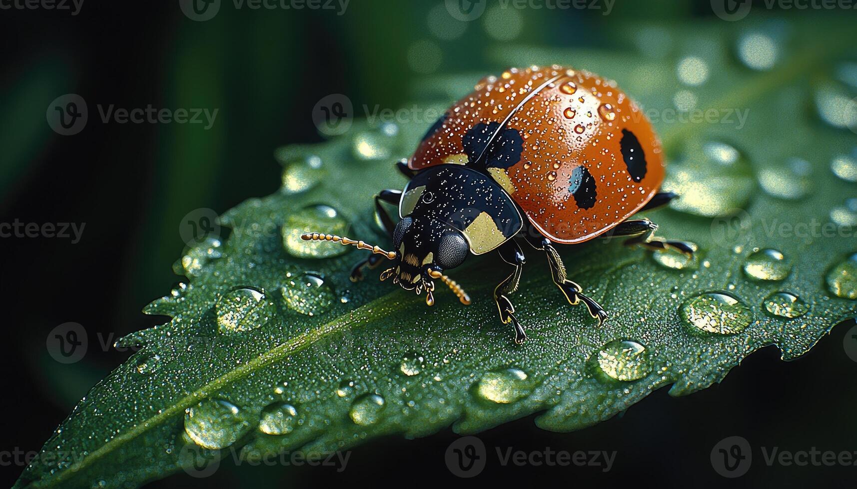 A ladybug insect covered in water droplets on a green leaf photo