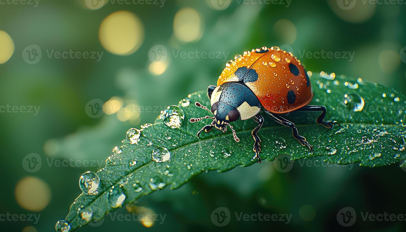 A ladybug sits on a green leaf covered in water droplets photo