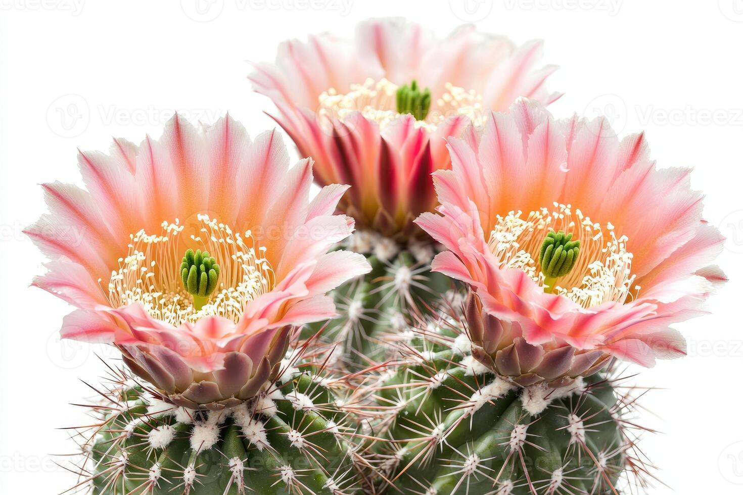 Three Beautiful Pink Flowers Blooming From A Green Cactus Plant photo