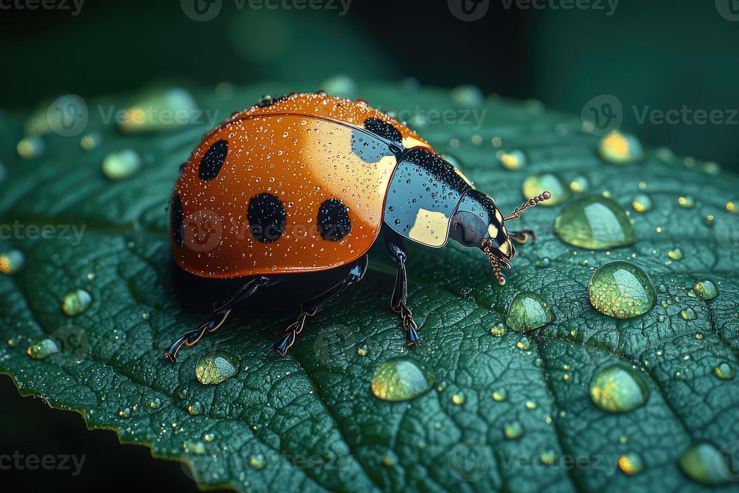 A ladybug covered in water droplets on a green leaf photo