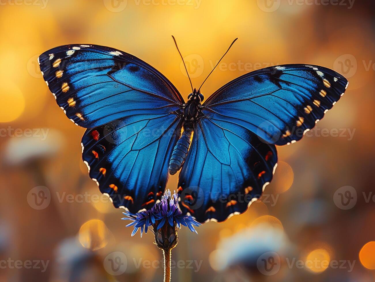 A beautiful butterfly with bright blue wings is resting photo