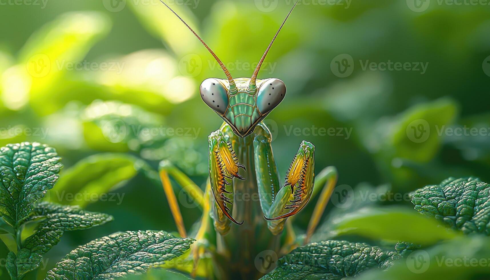 A Close Up Photographic Portrait Of A Green Praying Mantis photo