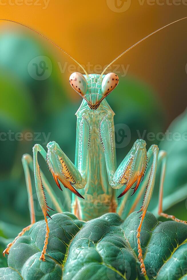 A close up of a praying mantis on a leaf photo