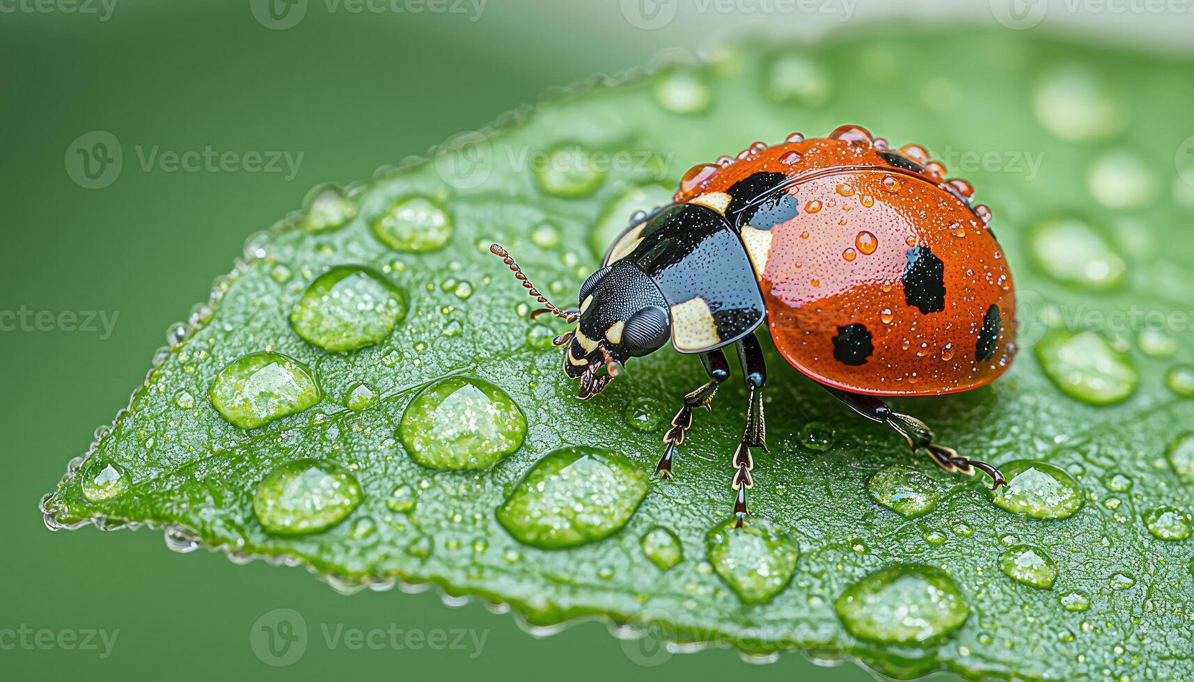 A ladybug covered in raindrops resting on a green leaf photo