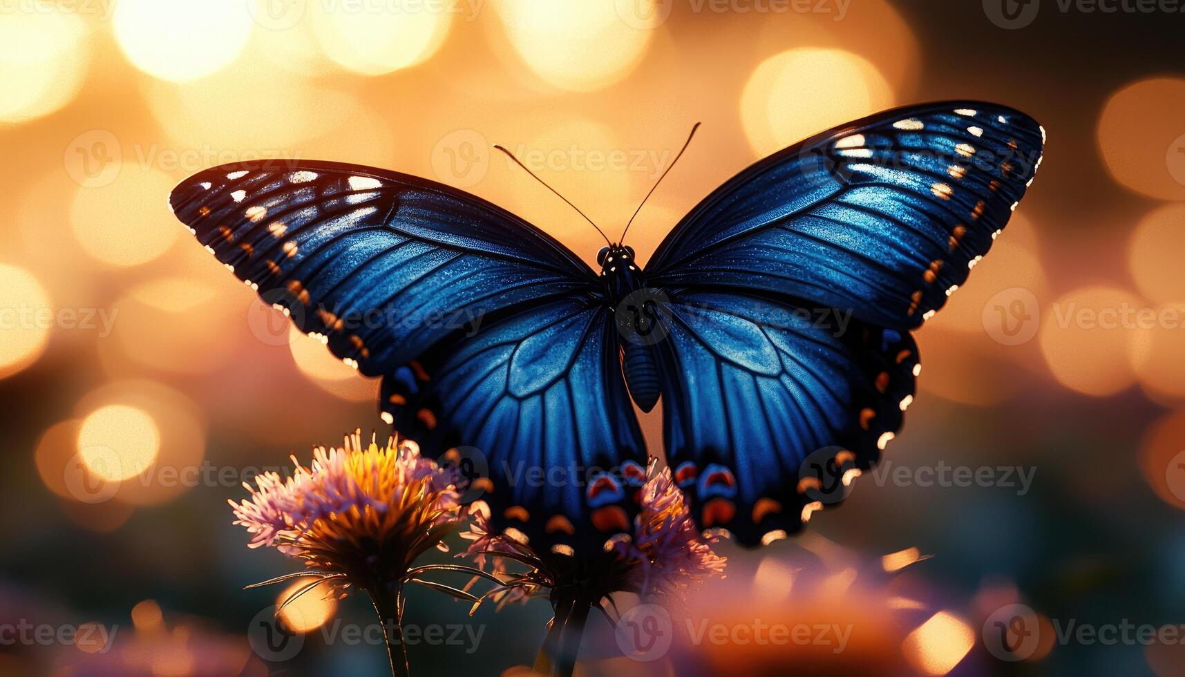 A beautiful blue butterfly perches gracefully on delicate vibrant flowers photo