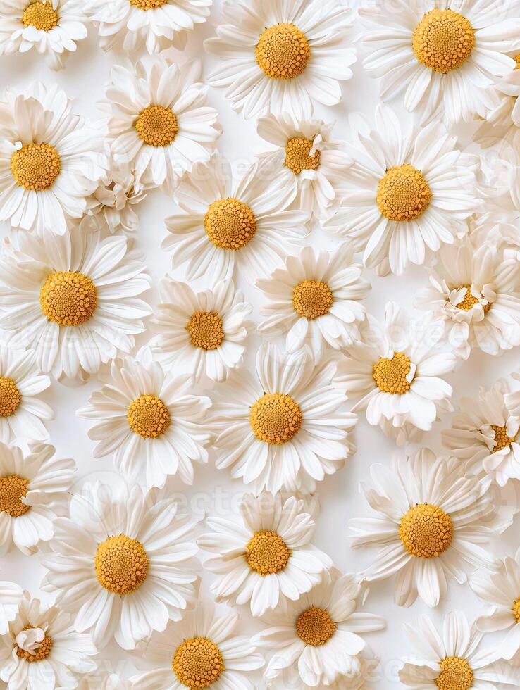 Many white daisies with bright yellow centers lie scattered evenly photo