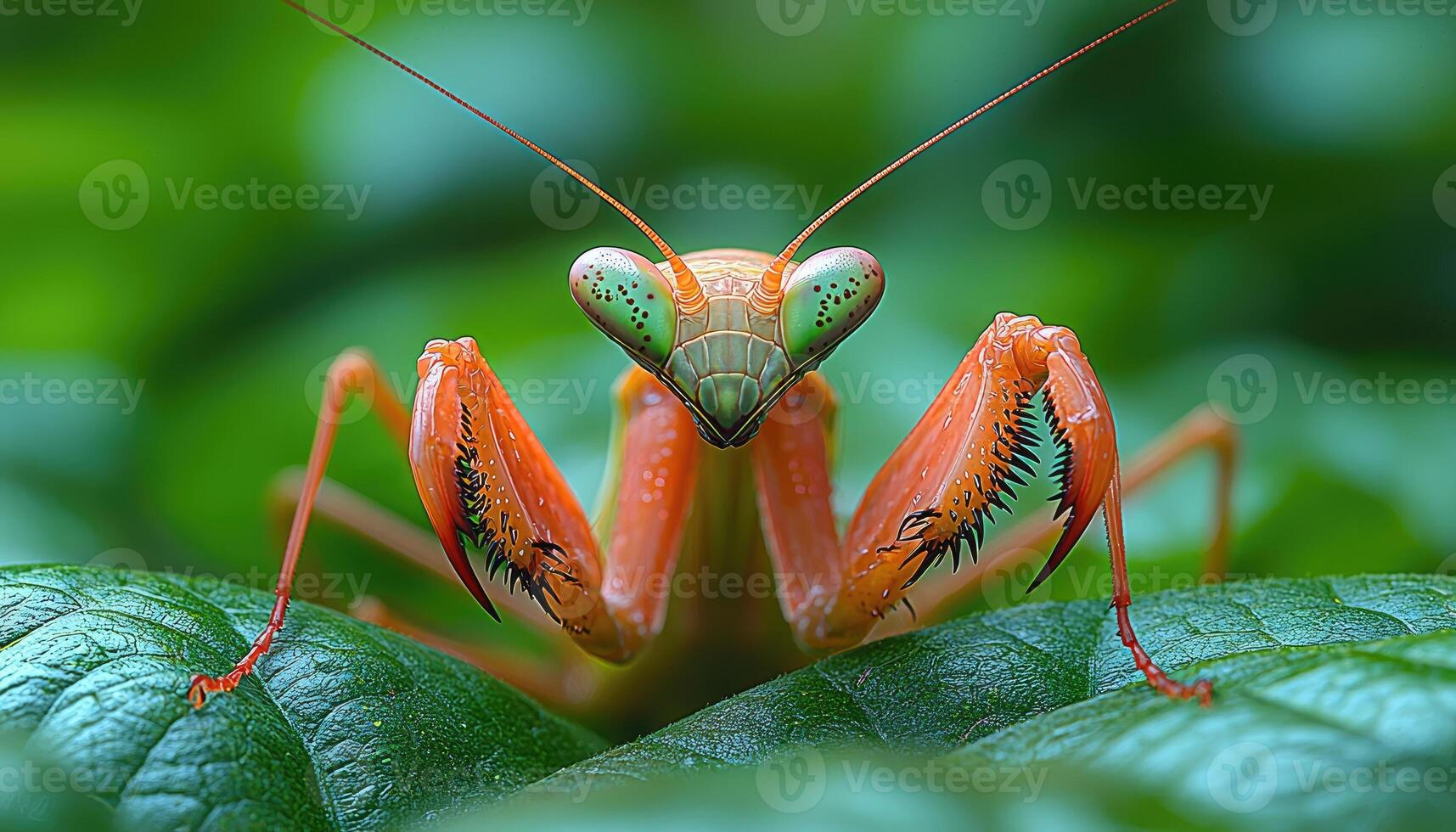 A close up view of a praying mantis on a leaf photo