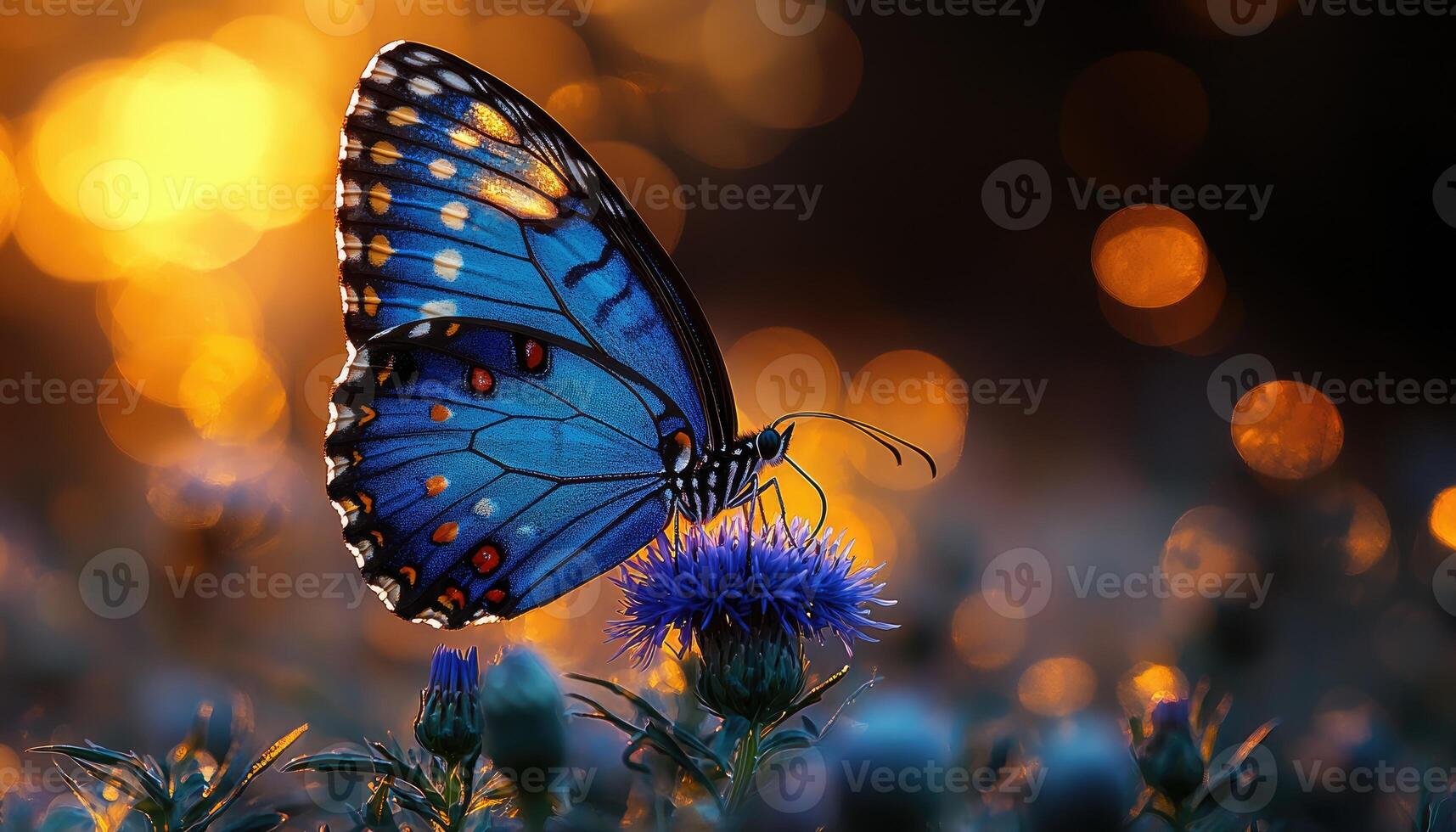 A vibrant blue butterfly rests gently upon a blue flower photo