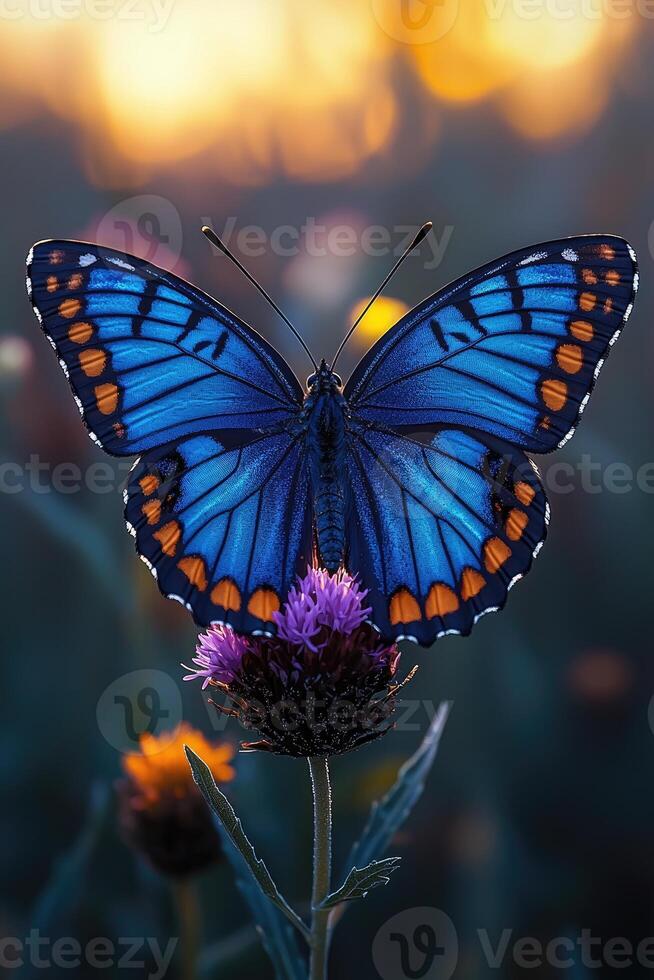 A beautiful blue butterfly sits atop a purple flower photo