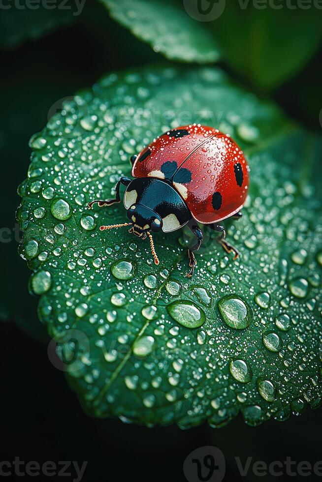 A red ladybug rests on a green leaf covered with water droplets photo