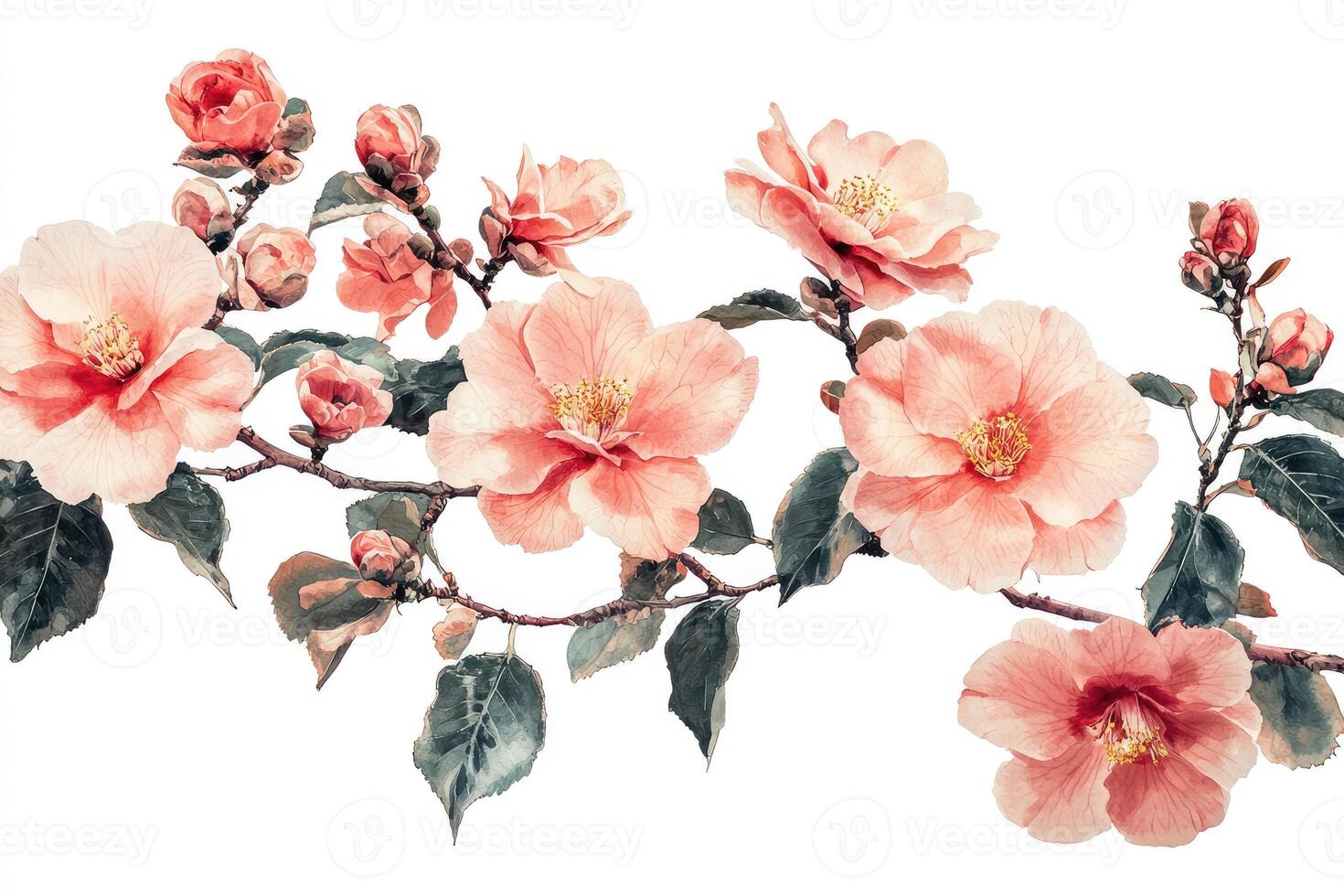 Beautiful watercolor painting of vibrant flowering blossoms on a branch photo