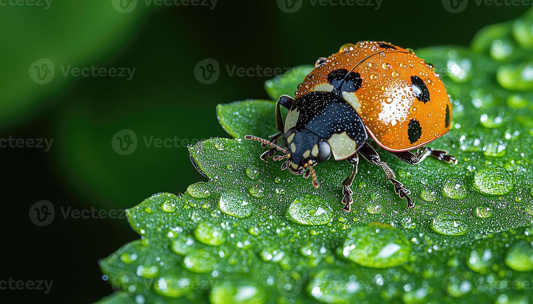 A colorful ladybug rests on a green leaf covered in droplets photo