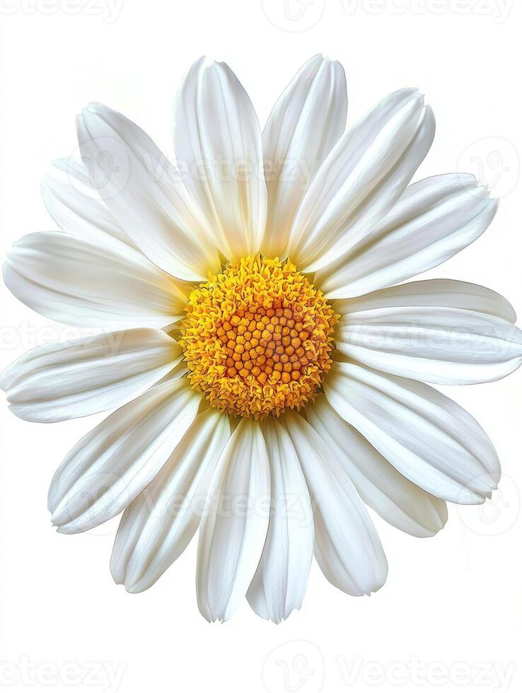 A single fully open daisy flower against a bright white background photo