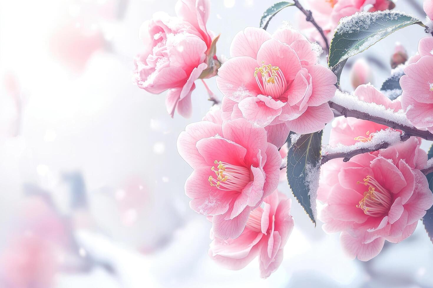 Beautiful pink blossoms are covered with a delicate layer of snow photo