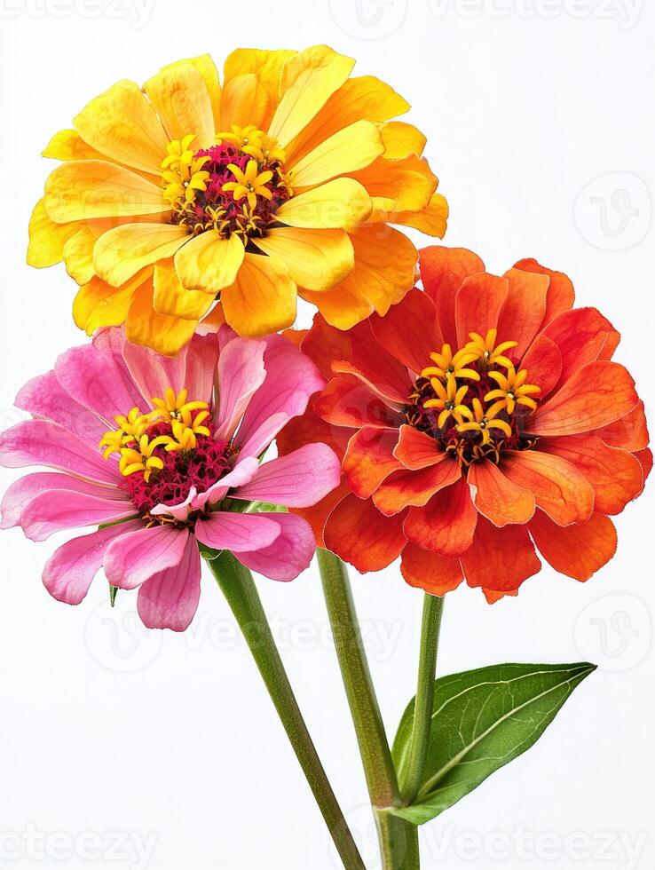Three colorful zinnias blossoms with green stems and one leaf photo