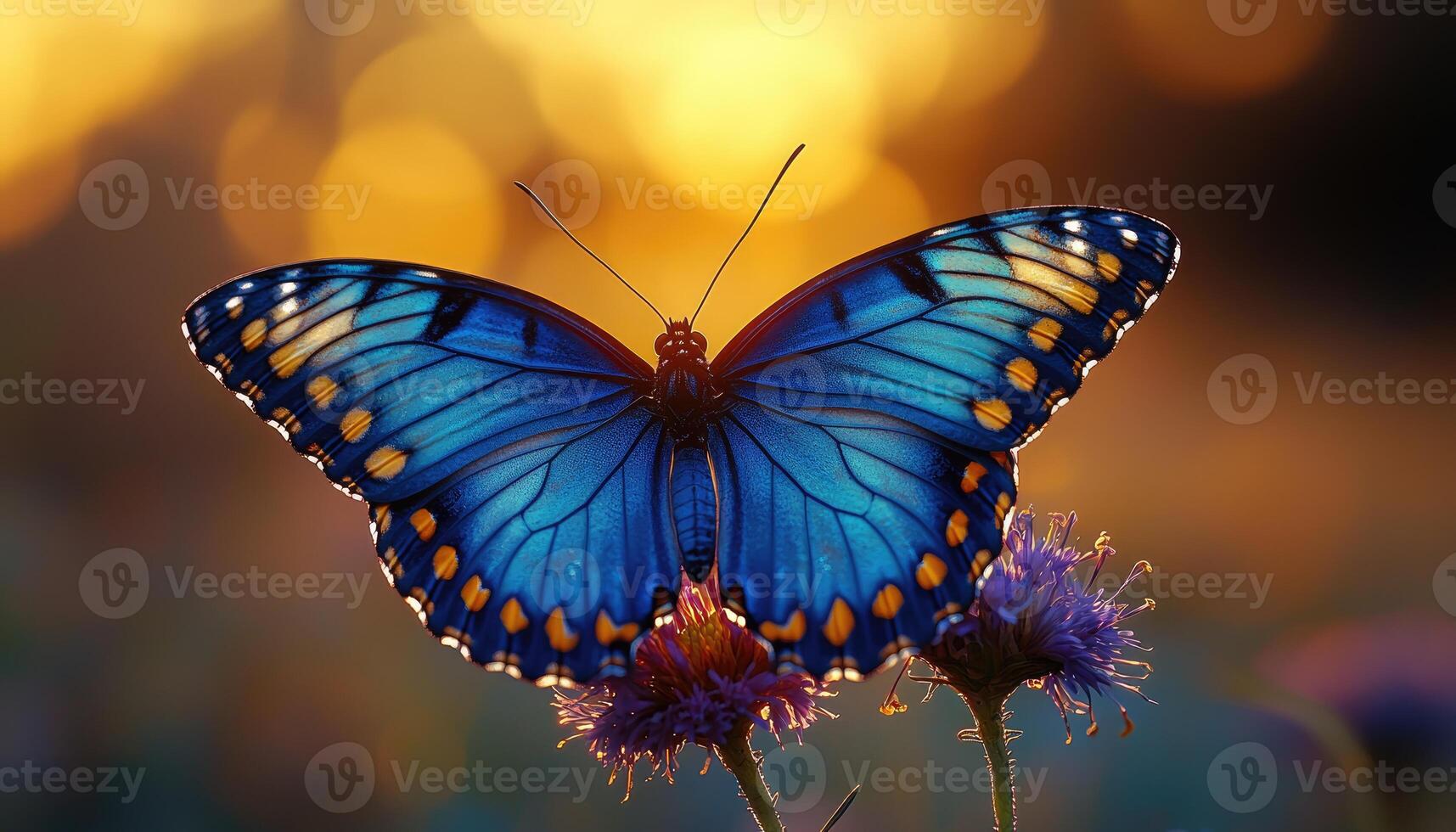 Beautiful blue butterfly perched on a vibrant purple flower display photo