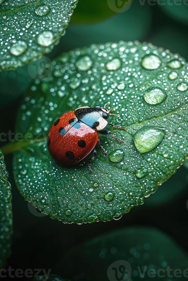 A small insect with spots rests on a wet green leaf photo